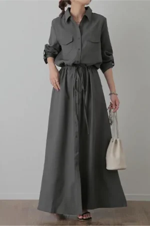 Solid Color Shirts Long Dresses Women Fashion Casual Lapel Long Sleeve Drawstring Elastic Waist Dress Female Commuting Clothing
