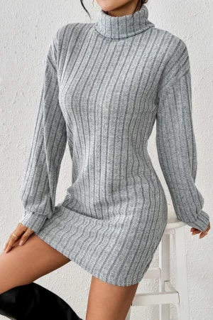 Elegant High Neck Drop Shoulder Ribbed Knit Dress for Commuting Fashionable And Stylish All-in-One