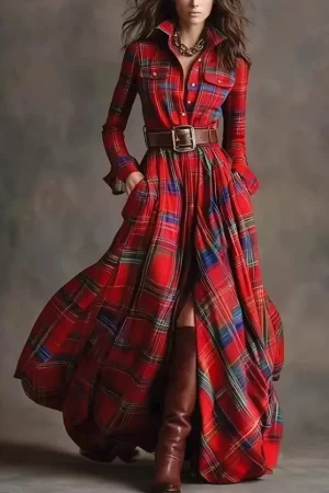 French Women's Plaid Dress Shirt Button Cardigan Lapel Fashion Belt Pocket Irregular Design A-line Long Skirt for Female