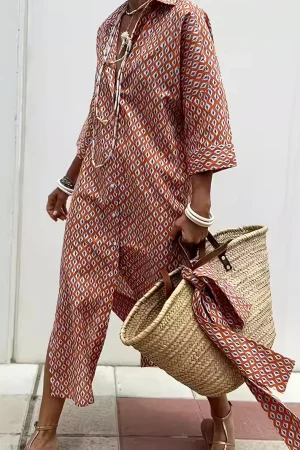 Bohemian Style Dress Relaxed Fit Boho Maxi Dress Elegant Lace-up Maxi Dress With Turn- Collar A-line For Women