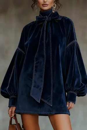 Fashion Retro Velvet Mini Dress High Collar Lantern Sleeve Long Sleeve Bow Tie Dress Elegant Loose Navy Blue Spring Party Dress