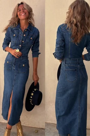 Denim Dresses Mid Length Dress Women Single Breasted Slim Fit Streetwear Turn Down Collar Elegant Long Party Club Vestidos Y2k